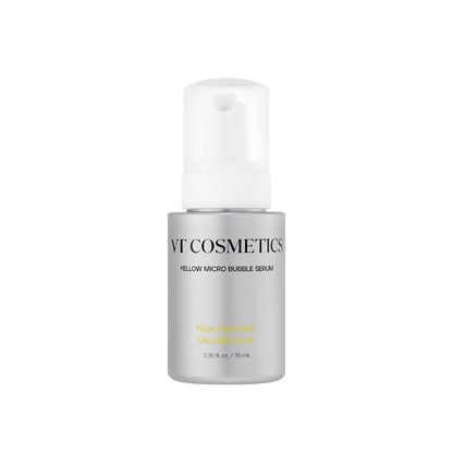 VT Cosmetics Niacinamide Glutathione Yellow Micro Bubble Serum in a clear bottle with bright yellow foaming liquid inside