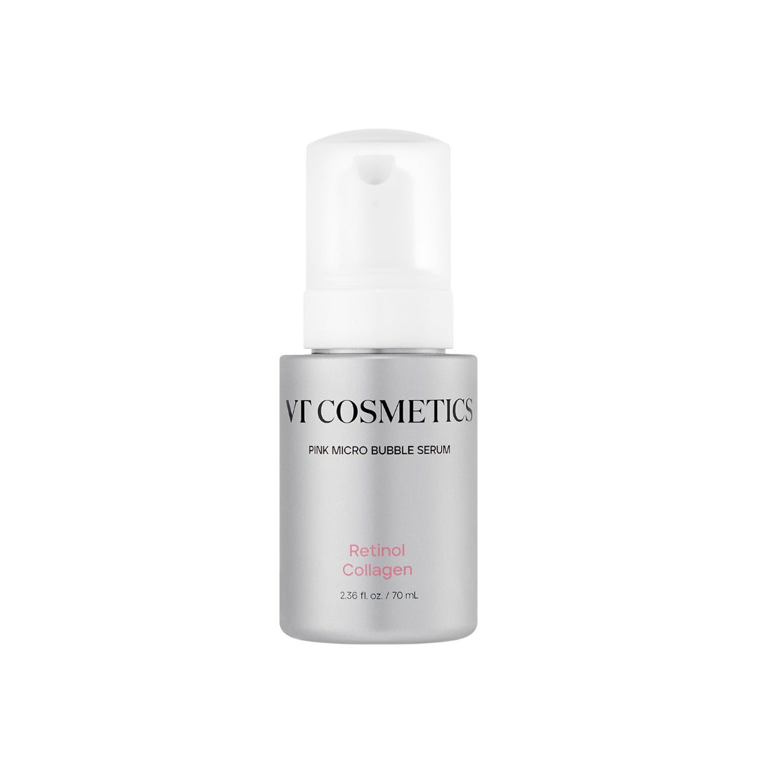VT Cosmetics Retinol Collagen Pink Micro Bubble Serum in a tall pink metallic pump bottle with a clear cap