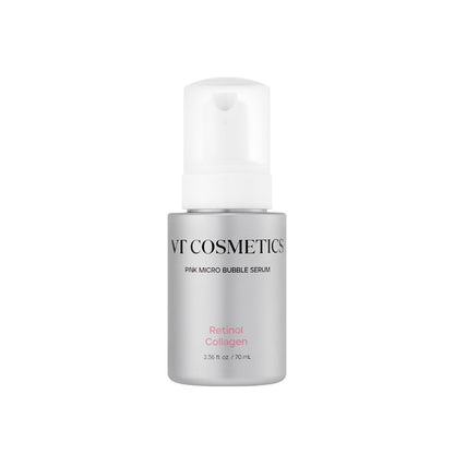 VT Cosmetics Retinol Collagen Pink Micro Bubble Serum in a tall pink metallic pump bottle with a clear cap