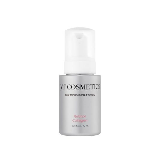 VT Cosmetics Retinol Collagen Pink Micro Bubble Serum in a tall pink metallic pump bottle with a clear cap