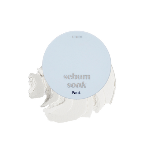Etude House Sebum Soak Pact in a round white compact with a soft powder puff and translucent pressed powder finish