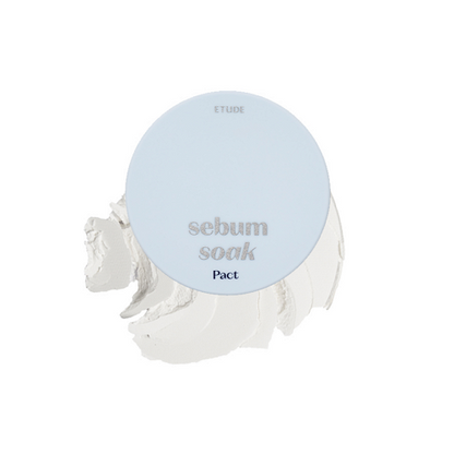 Etude House Sebum Soak Pact in a round white compact with a soft powder puff and translucent pressed powder finish