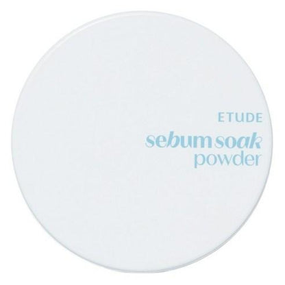 Etude House Sebum Soak Powder in a small white round jar with a mint green label and screw-on lid