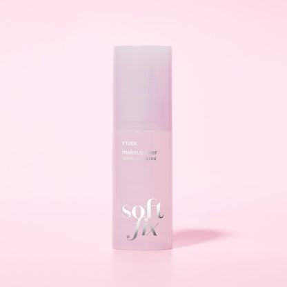Etude House Soft Fix Makeup Fixer in a small travel-sized spray bottle with a pink and white label