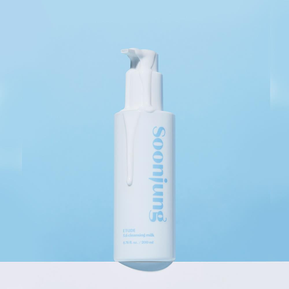 Etude House Soonjung 5.6 Cleansing Milk in a white pump bottle with minimalist blue and black text