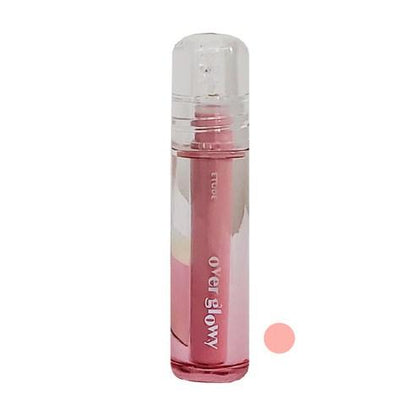 Etude House Over Glowy Gloss in Cotton Candy, a light pink lip gloss in a clear tube with a silver cap