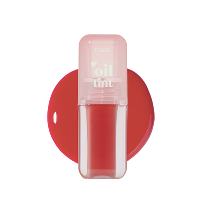 Etude House Dear Darling Oil Tint in 08 Red Candy, a vibrant red lip gloss in a clear tube with a pink cap