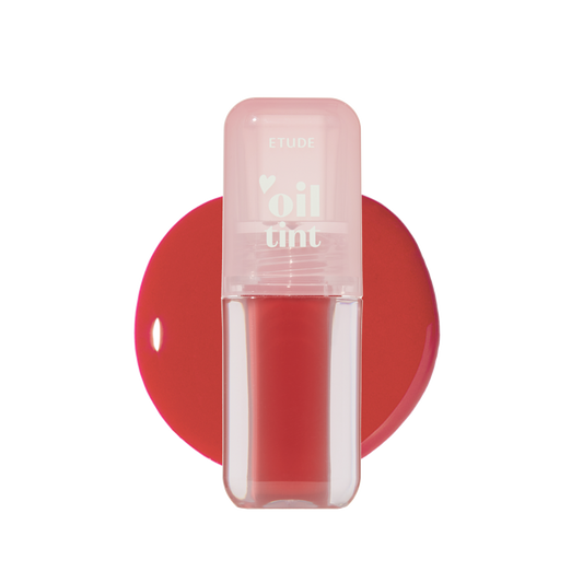 Etude House Dear Darling Oil Tint in 08 Red Candy, a vibrant red lip gloss in a clear tube with a pink cap