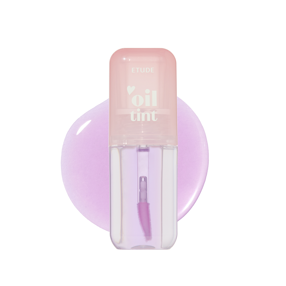 Etude House Dear Darling Oil Tint in 09 Purple Oil, a sheer plum lip gloss in a clear tube with a black cap