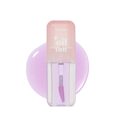 Etude House Dear Darling Oil Tint in 09 Purple Oil, a sheer plum lip gloss in a clear tube with a black cap