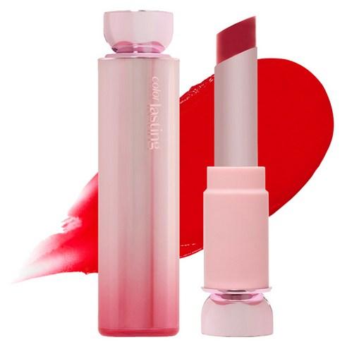 Etudehouse Color Lasting Glow Stick 02 Forever Ruby, a ruby red glossy lip balm in a slim pink and silver tube