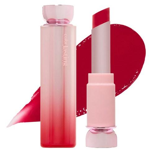 Etude House Color Lasting Glow Stick in Jealous Red, a slim twist-up tube with a glossy red tinted lip balm finish
