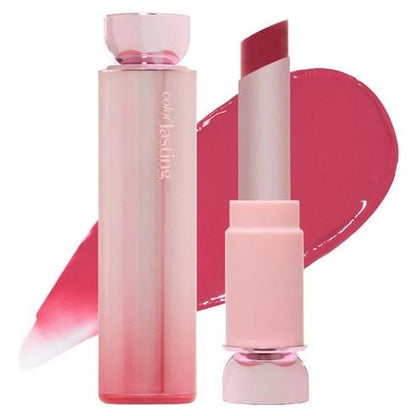 Etude House Color Lasting Glow Stick in 04 Pink Wish, a slim rose gold tube with a glossy bright pink balm tip