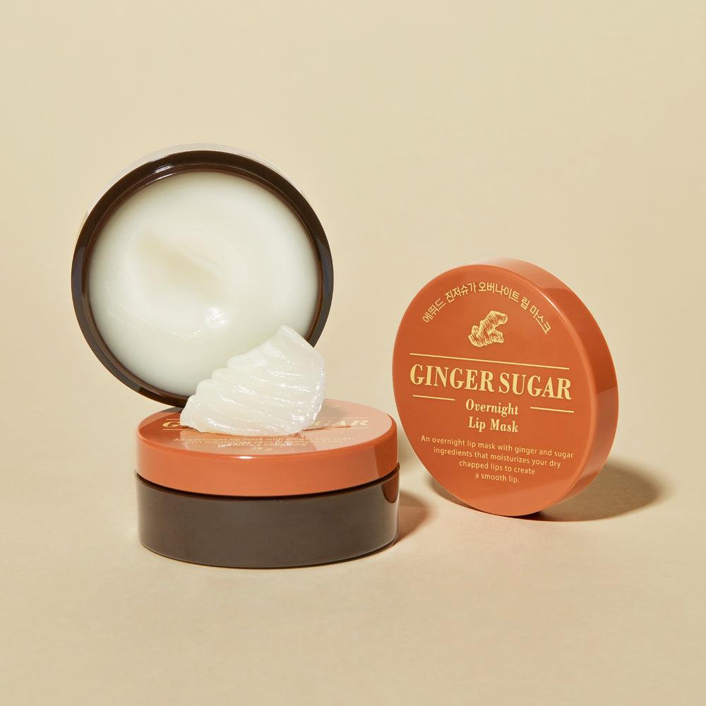 Etude House Ginger Sugar Overnight Lip Mask in a round orange jar with a thick translucent balm texture