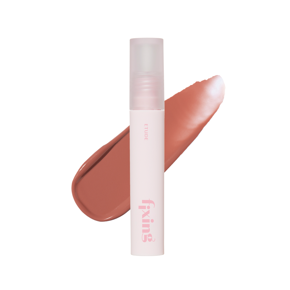 Etude House Dear My Bestie Fixing Tint in Hug Beige, a warm nude liquid lip tint in a frosted tube with a pink cap