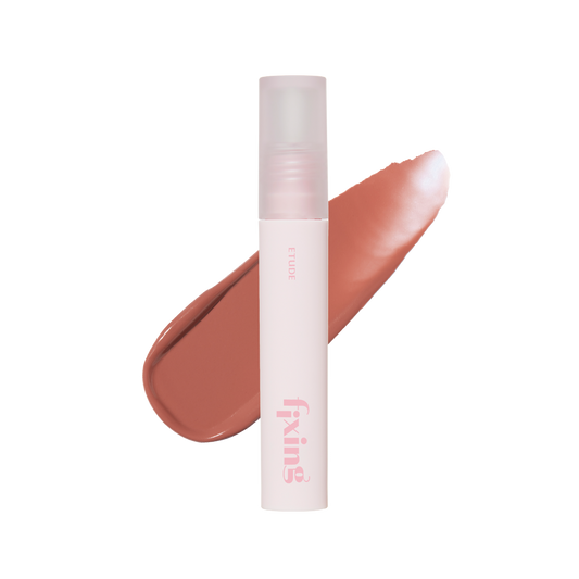 Etude House Dear My Bestie Fixing Tint in Hug Beige, a warm nude liquid lip tint in a frosted tube with a pink cap