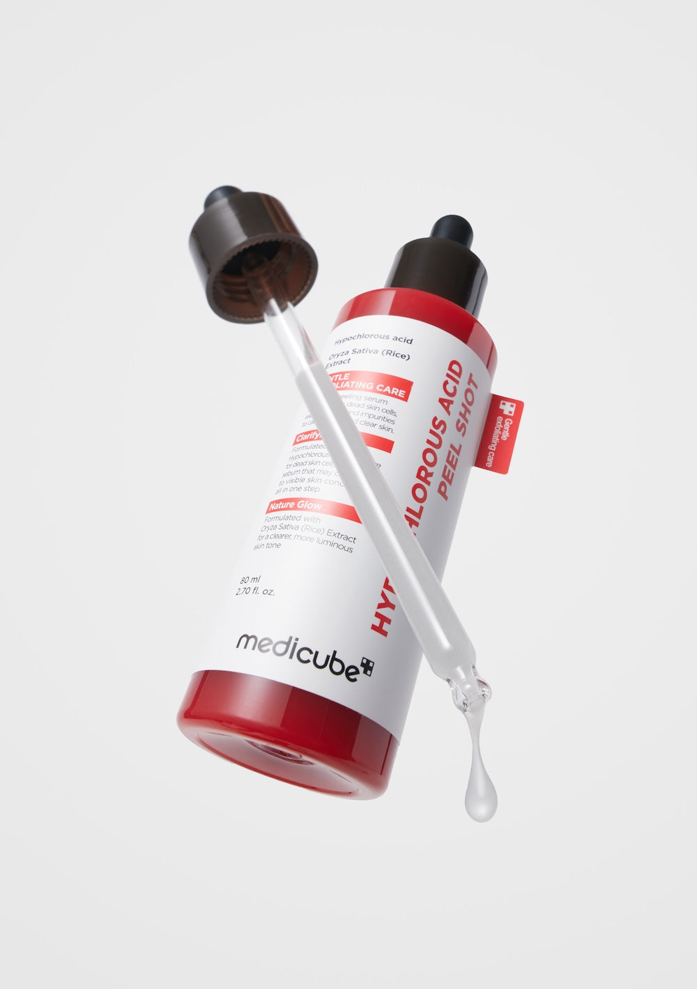 Medicube Hypochlorous Acid Peel Shot 80ml in a clear glass bottle with a silver pump and blue label accents