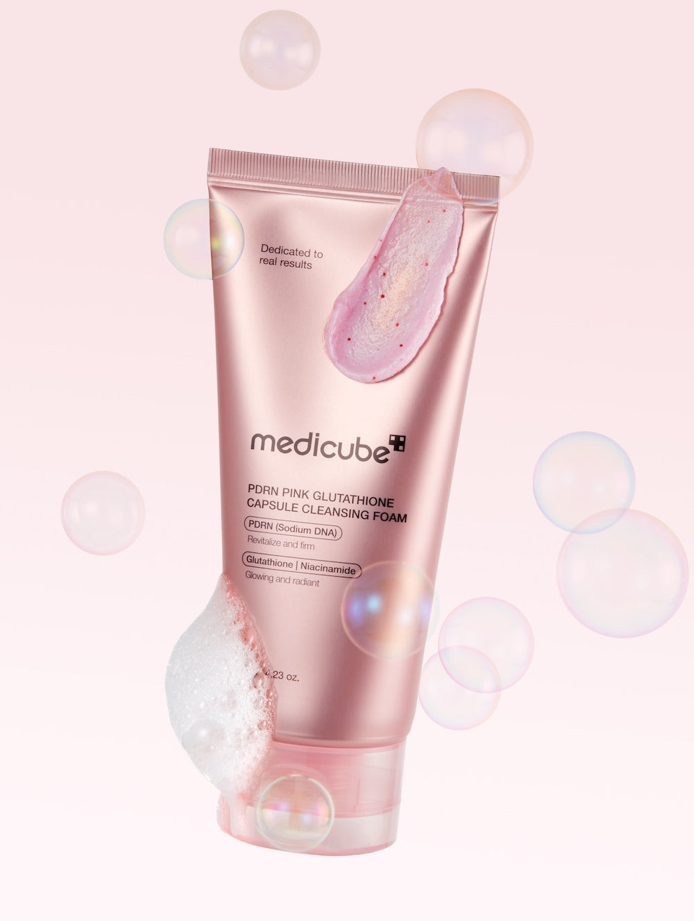 Medicube PDRN Pink Glutathione Capsule Cleansing Foam in a white tube with pink accents and visible pink capsules