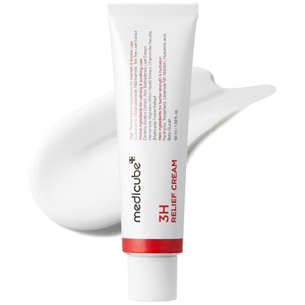 Medicube Hypochlorous 3H Relief Cream in a white and blue squeeze tube with a precision applicator tip