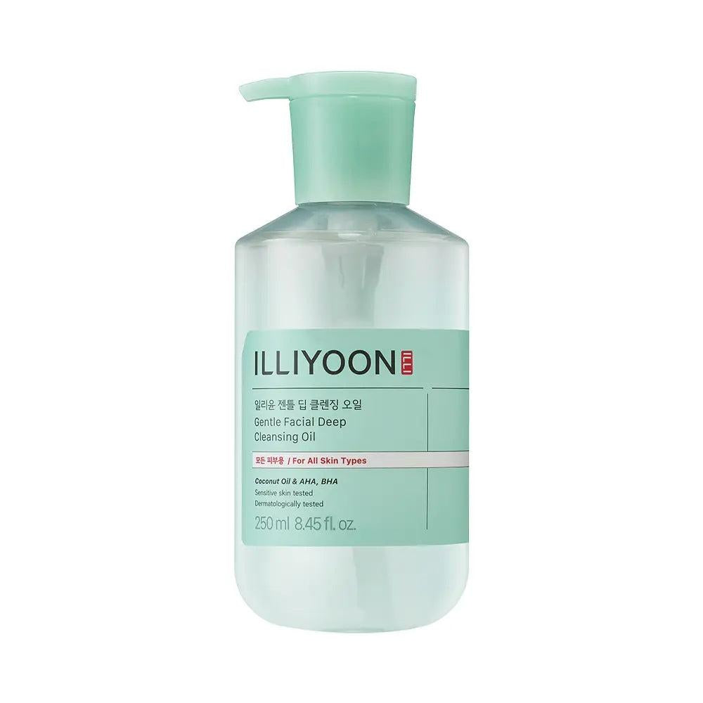 Illiyoon Gentle Facial Deep Cleansing Oil in a clear 250ml pump bottle with a minimalist white and blue label