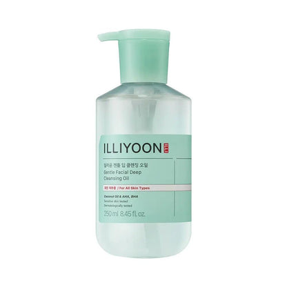 Illiyoon Gentle Facial Deep Cleansing Oil in a clear 250ml pump bottle with a minimalist white and blue label