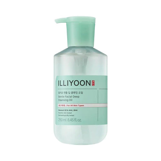 Illiyoon Gentle Facial Deep Cleansing Oil in a clear 250ml pump bottle with a minimalist white and blue label