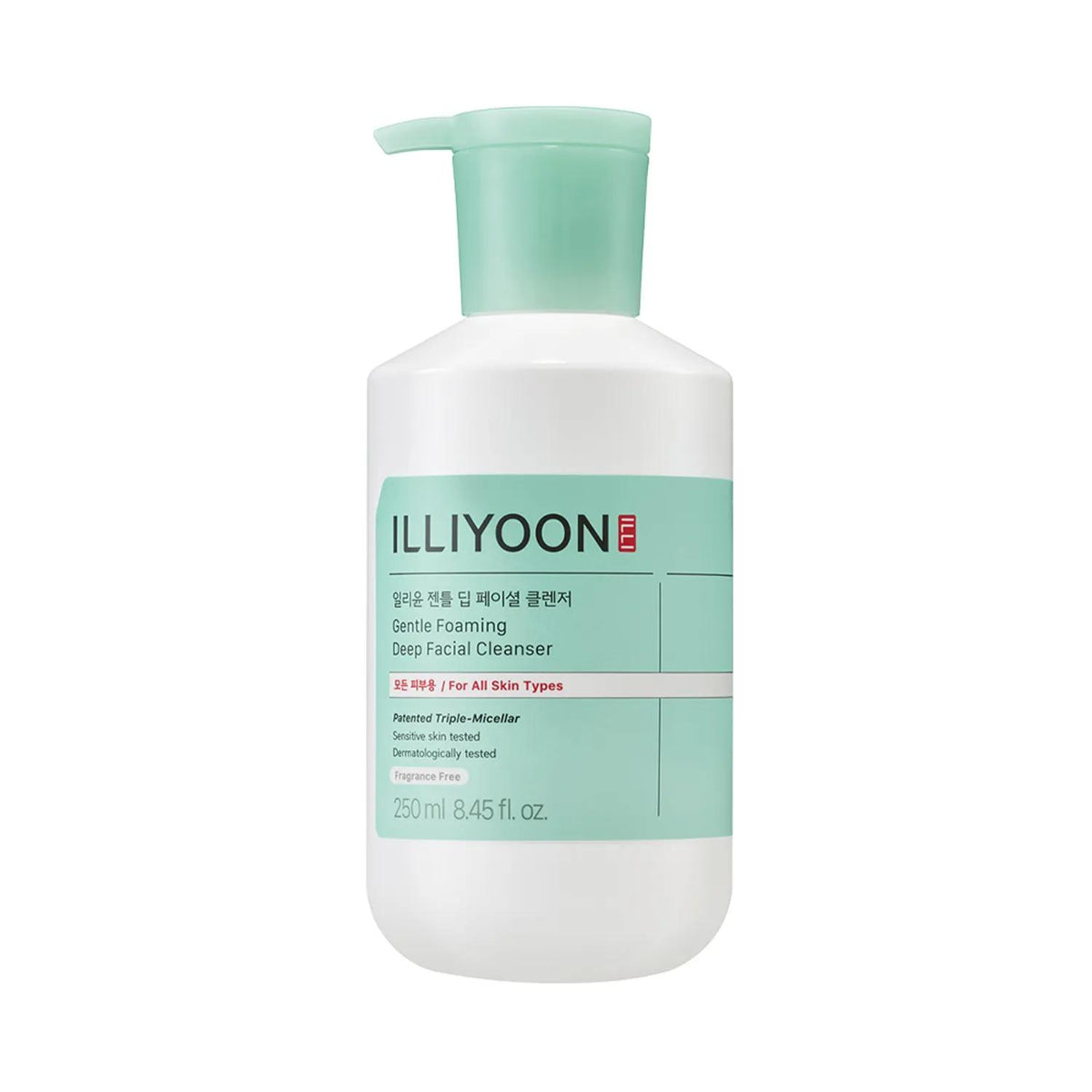 Illiyoon Gentle Foaming Deep Facial Cleanser in a white pump bottle with minimalist blue and grey text labels