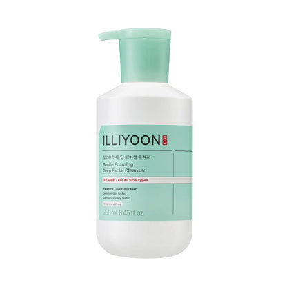 Illiyoon Gentle Foaming Deep Facial Cleanser in a white pump bottle with minimalist blue and grey text labels
