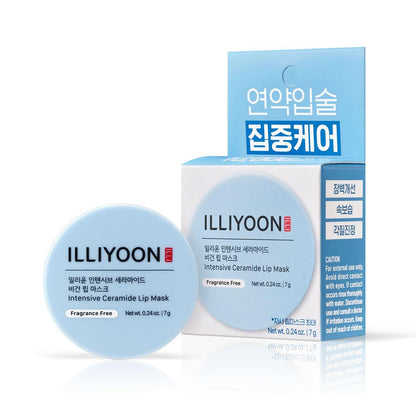 Illiyoon Intensive Ceramide Lip Mask in a small white and blue plastic jar with a thick translucent balm texture