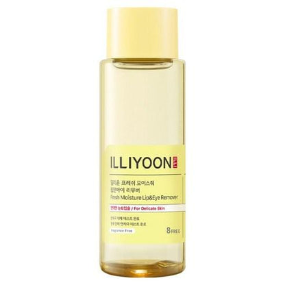 Illiyoon Fresh Moisture Lip and Eye Remover 150ml in a clear bottle with a yellow and white minimalist label