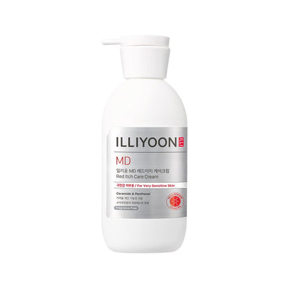 Illiyoon Red Itch Care Cream in a large white pump bottle with a red and blue minimalist label