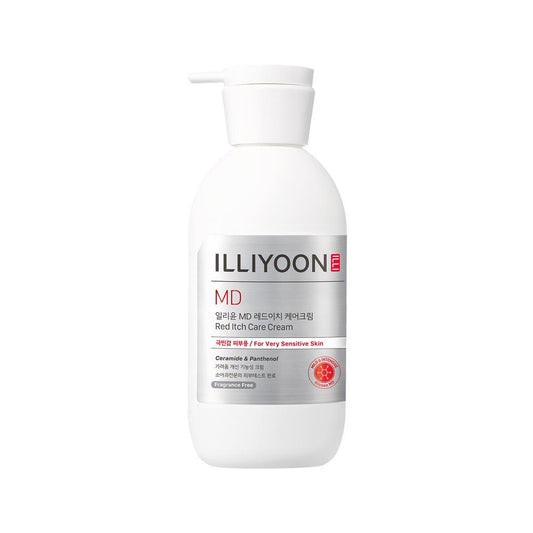 Illiyoon Red Itch Care Cream in a large white pump bottle with a red and blue minimalist label
