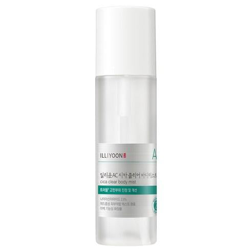 Illiyoon Cica Trouble Clear Body Mist in a tall white spray bottle with light green accents and a clear cap