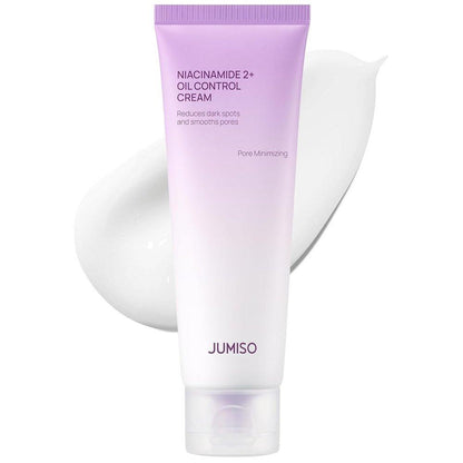 Jumiso Niacinamide 2+ Oil Control Cream in a white squeeze tube with minimalist blue and black text