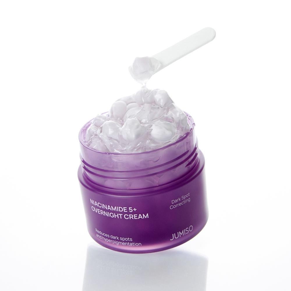 Jumiso Niacinamide 5+ Overnight Cream in a white and yellow squeeze tube with a silver cap
