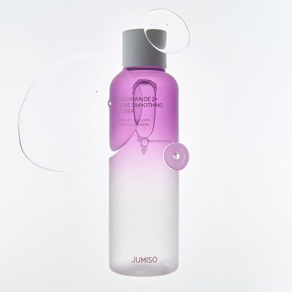 Jumiso Niacinamide 2+ Pore Smoothing Toner in a clear 205ml bottle with a minimalist white label and blue text
