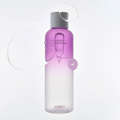 Jumiso Niacinamide 2+ Pore Smoothing Toner in a clear 205ml bottle with a minimalist white label and blue text
