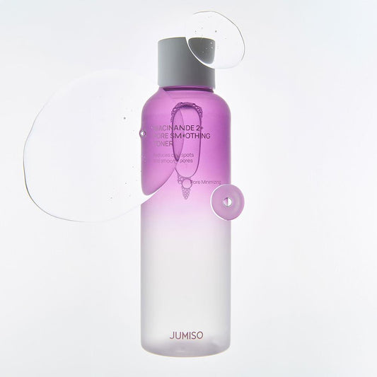 Jumiso Niacinamide 2+ Pore Smoothing Toner in a clear 205ml bottle with a minimalist white label and blue text