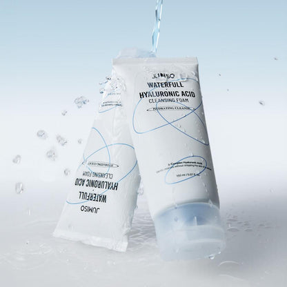 Jumiso Waterfull Hyaluronic Acid Cleansing Foam in a white and blue squeeze tube with a dense creamy lather texture