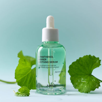 Jumiso D-Panthenol Barrier Soothing Serum in a frosted glass bottle with a minimalist white and blue label