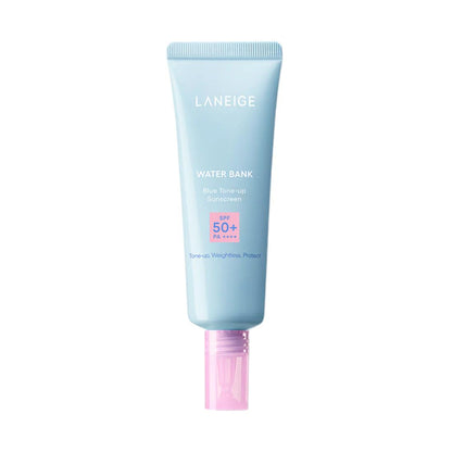 Laneige Water Bank Blue Tone-Up Sun Cream in a light blue squeeze tube with a white cap