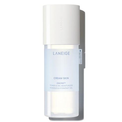 Laneige Cream Skin Zincpep Toner and Gel Moisturizer in a white and blue ombre pump bottle with a clear cap