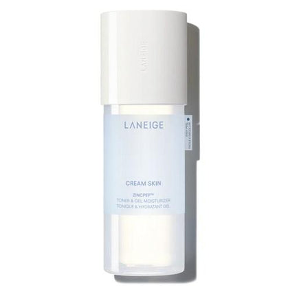 Laneige Cream Skin Zincpep Toner and Gel Moisturizer in a white and blue ombre pump bottle with a clear cap