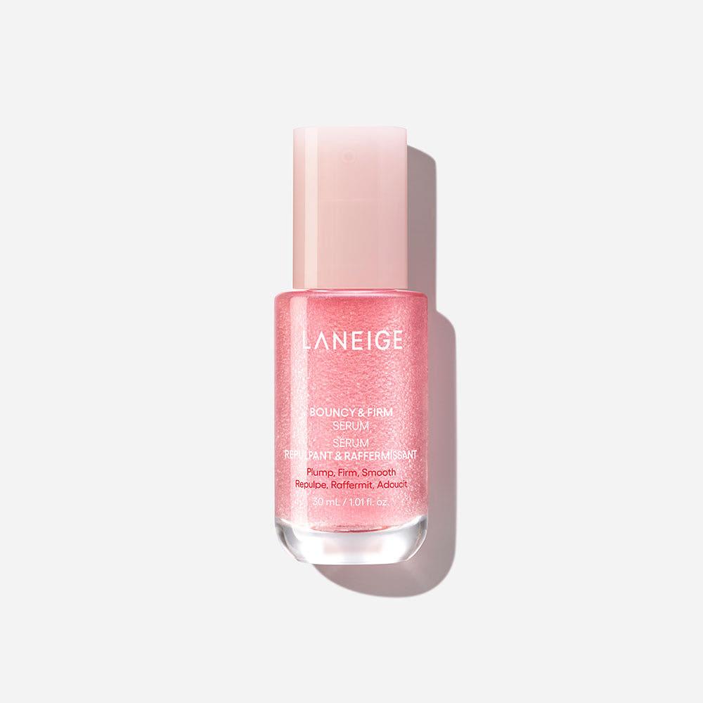 Laneige Bouncy and Firm Serum in a metallic pink ombre pump bottle with a silver cap