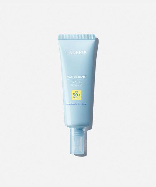Laneige Water Bank UV Barrier Sunscreen in a white and blue squeeze tube with a blue screw cap