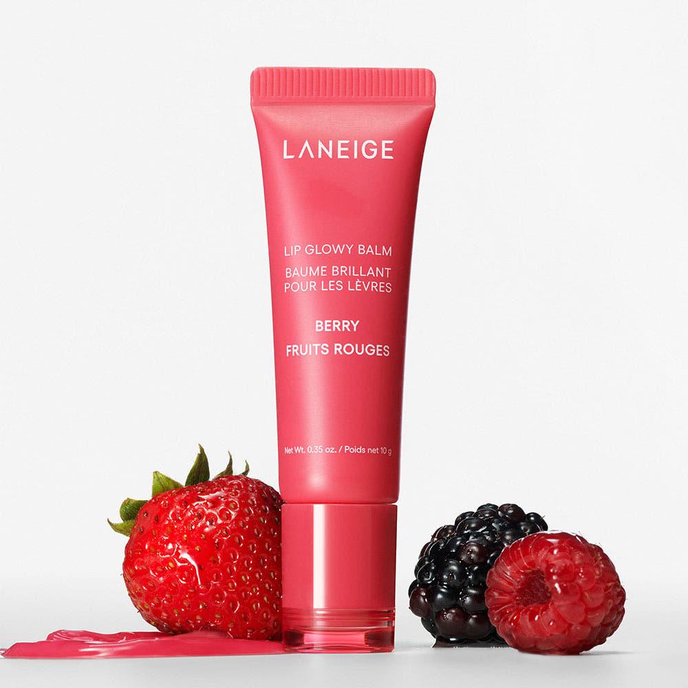 Laneige Lip Glowy Balm Berry in a pink squeeze tube with a glossy finish and matching pink cap
