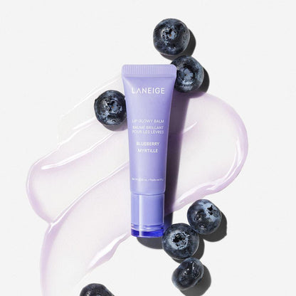 Laneige Lip Glowy Balm Blueberry in a purple squeeze tube with a matching translucent cap