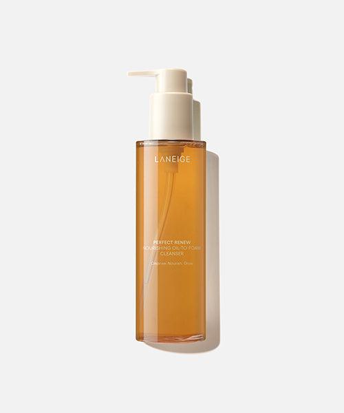 Laneige Perfect Renew Nourishing Oil-To-Foam Cleanser in a sleek gold and navy blue pump bottle