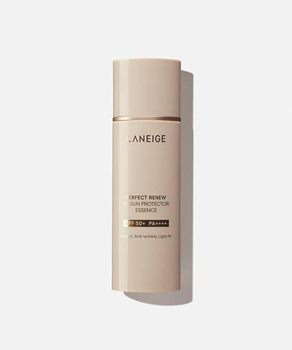 Laneige Perfect Renew 5D Sun Protector Essence in a sleek silver and blue ombre tube with a white cap