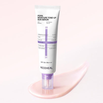 Mediheal PDRN Moisture Tone Up Sun Serum in a pink and white squeeze tube with a pump dispenser